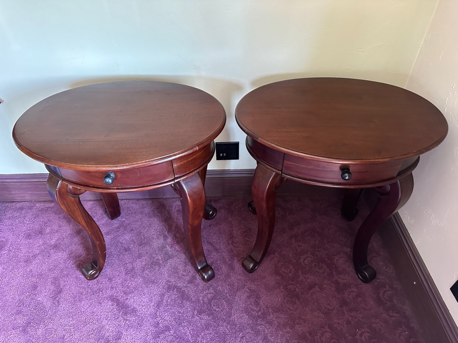 Pair of Wooden Oval Side Tables with Drawers 27'W x 19.5D x 29.5H [Photo 2]