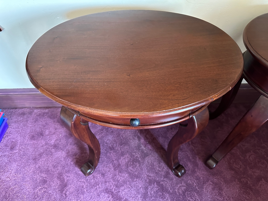 Pair of Wooden Oval Side Tables with Drawers 27'W x 19.5D x 29.5H [Photo 3]
