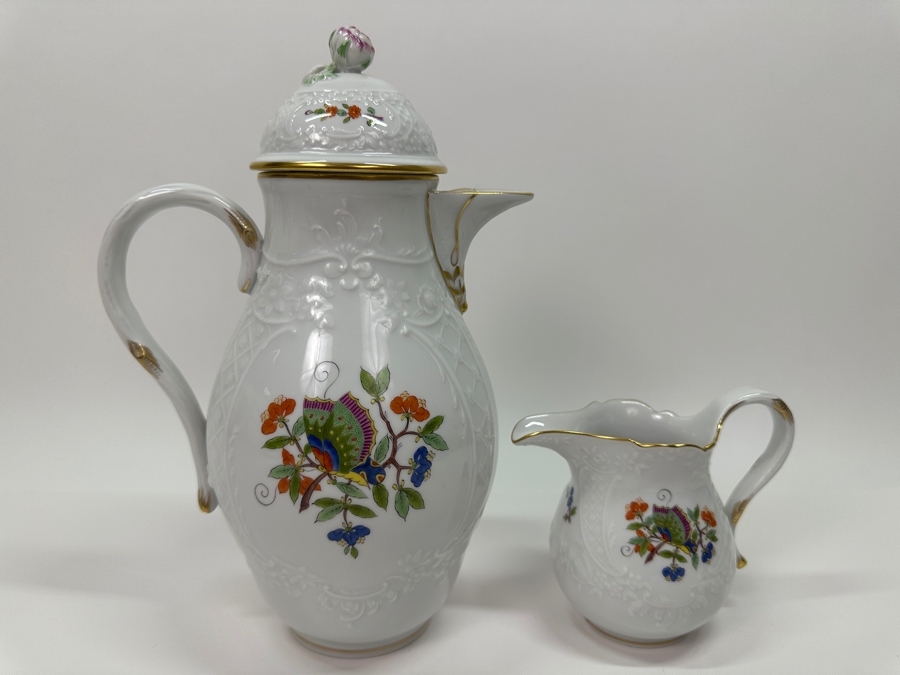 Meissen (Germany) Fine Porcelain Individually Hand Painted 'Colorful Chinese Butterfly Painting With Gold Rim' Schmetterling, Coffee Pot 10H & Creamer 4H Estimate $1,800 [Photo 12]