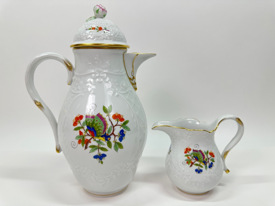 Meissen (Germany) Fine Porcelain Individually Hand Painted 'Colorful Chinese Butterfly Painting With Gold Rim' Schmetterling, Coffee Pot 10H & Creamer 4H Estimate $1,800 [Photo 14]