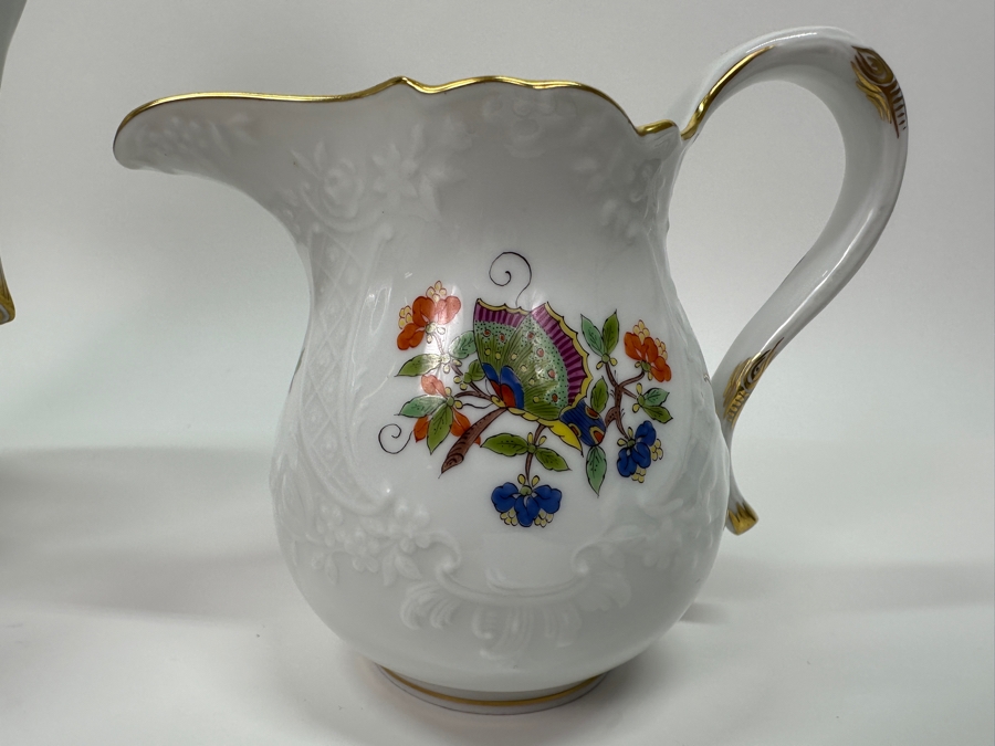 Meissen (Germany) Fine Porcelain Individually Hand Painted 'Colorful Chinese Butterfly Painting With Gold Rim' Schmetterling, Coffee Pot 10H & Creamer 4H Estimate $1,800 [Photo 10]