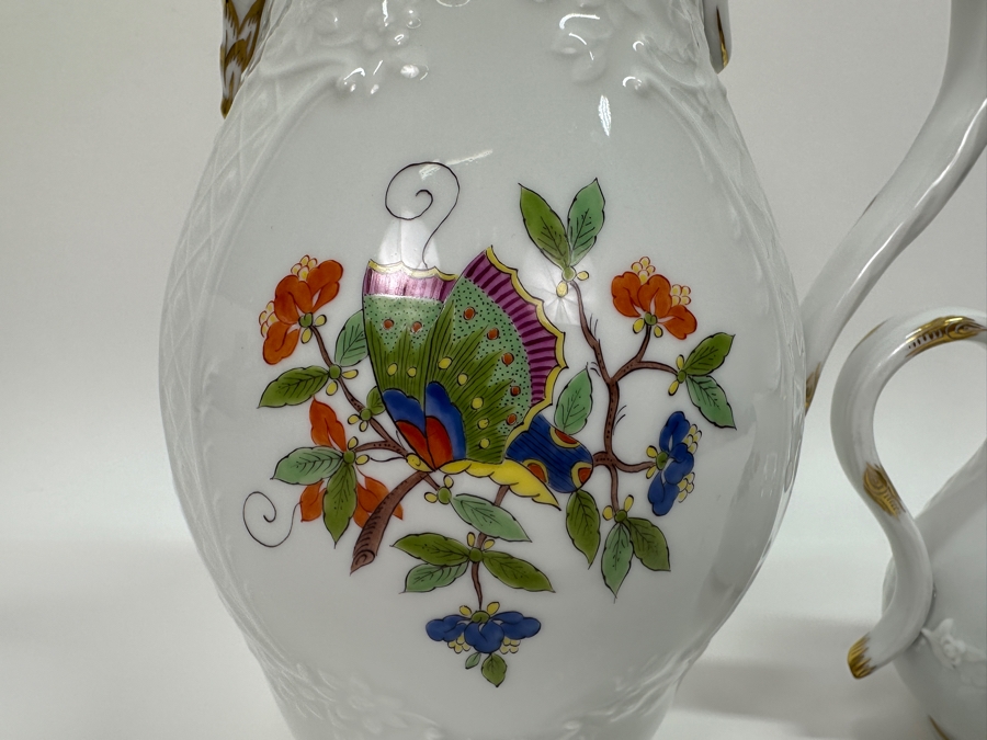 Meissen (Germany) Fine Porcelain Individually Hand Painted 'Colorful Chinese Butterfly Painting With Gold Rim' Schmetterling, Coffee Pot 10H & Creamer 4H Estimate $1,800 [Photo 4]
