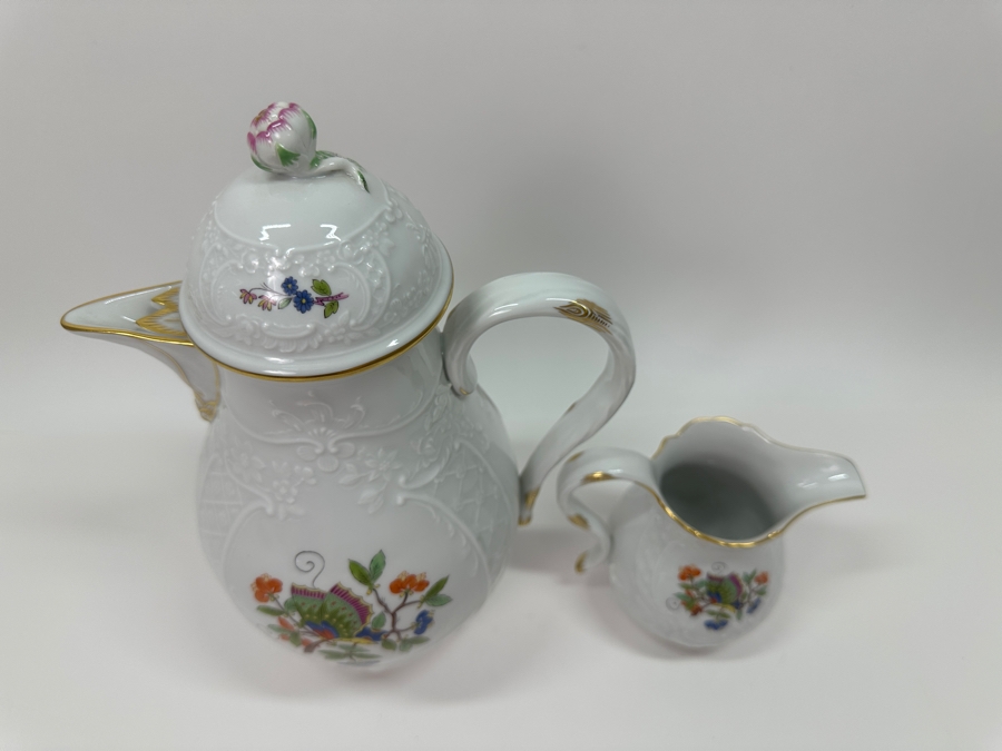 Meissen (Germany) Fine Porcelain Individually Hand Painted 'Colorful Chinese Butterfly Painting With Gold Rim' Schmetterling, Coffee Pot 10H & Creamer 4H Estimate $1,800 [Photo 3]