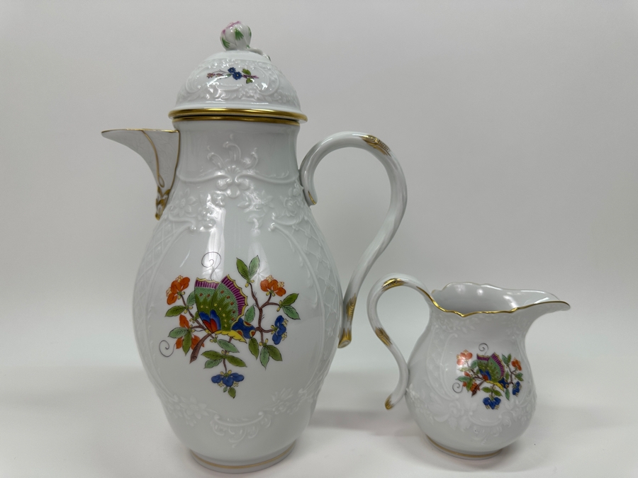 Meissen (Germany) Fine Porcelain Individually Hand Painted 'Colorful Chinese Butterfly Painting With Gold Rim' Schmetterling, Coffee Pot 10H & Creamer 4H Estimate $1,800 [Photo 2]