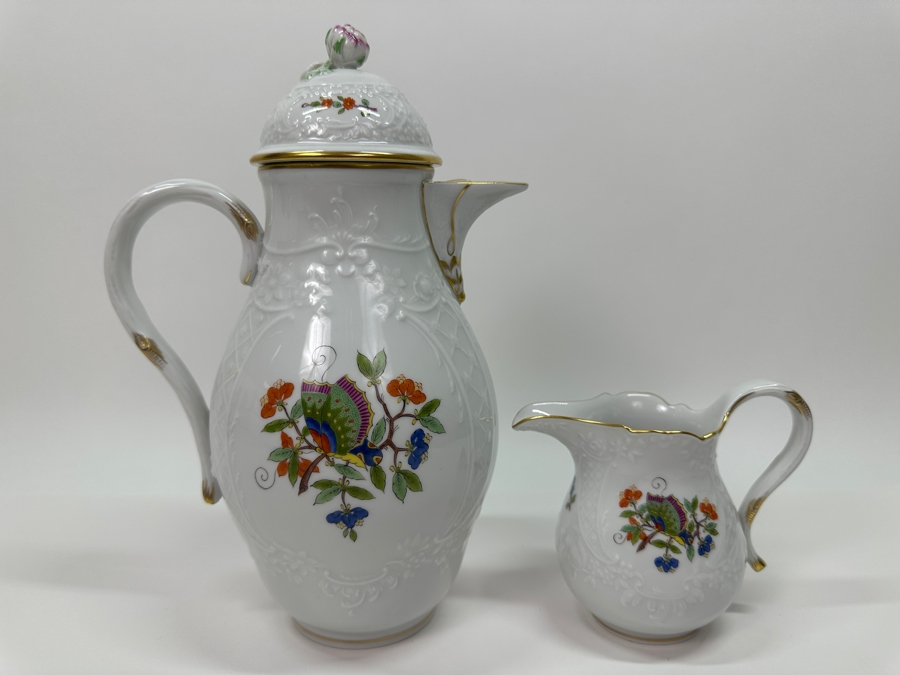 Meissen (Germany) Fine Porcelain Individually Hand Painted 'Colorful Chinese Butterfly Painting With Gold Rim' Schmetterling, Coffee Pot 10H & Creamer 4H Estimate $1,800 [Photo 13]
