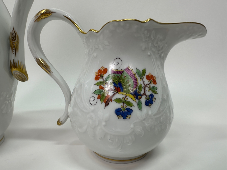 Meissen (Germany) Fine Porcelain Individually Hand Painted 'Colorful Chinese Butterfly Painting With Gold Rim' Schmetterling, Coffee Pot 10H & Creamer 4H Estimate $1,800 [Photo 7]
