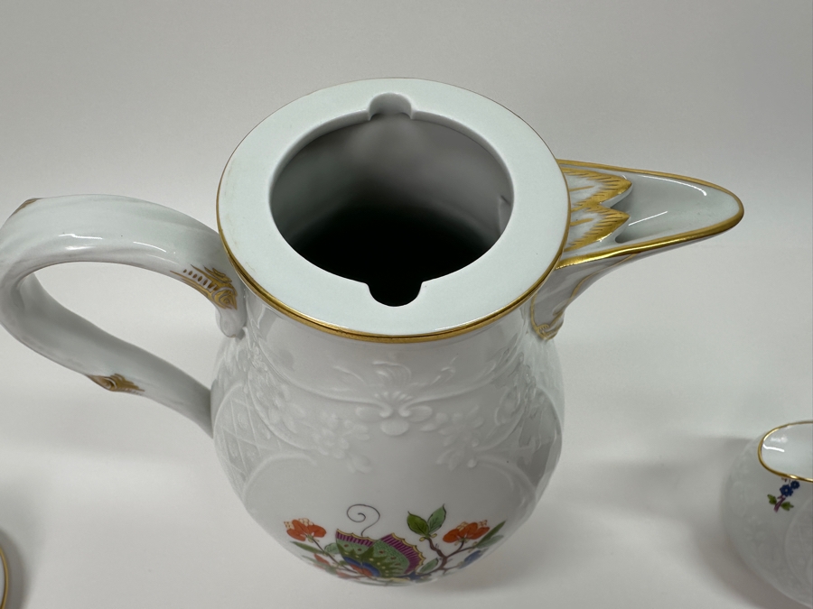 Meissen (Germany) Fine Porcelain Individually Hand Painted 'Colorful Chinese Butterfly Painting With Gold Rim' Schmetterling, Coffee Pot 10H & Creamer 4H Estimate $1,800 [Photo 19]