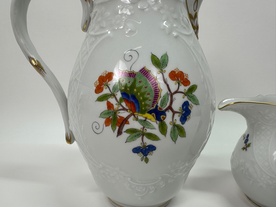 Meissen (Germany) Fine Porcelain Individually Hand Painted 'Colorful Chinese Butterfly Painting With Gold Rim' Schmetterling, Coffee Pot 10H & Creamer 4H Estimate $1,800 [Photo 15]