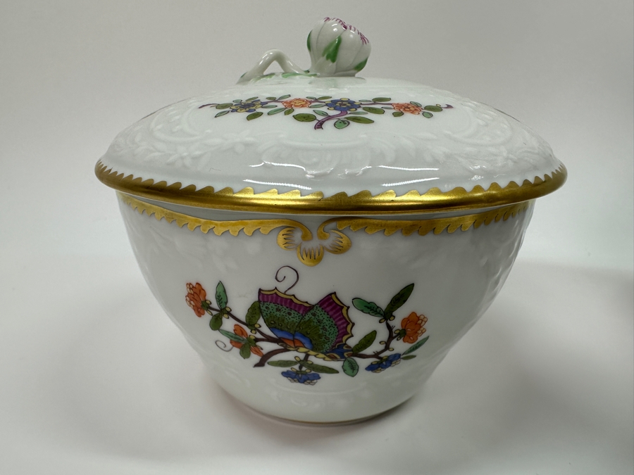 Meissen (Germany) Fine Porcelain Individually Hand Painted 'Colorful Chinese Butterfly Painting With Gold Rim' Schmetterling, Coffee Pot 10H, Sugar 4H & Creamer 4H Estimate $2,050 [Photo 14]