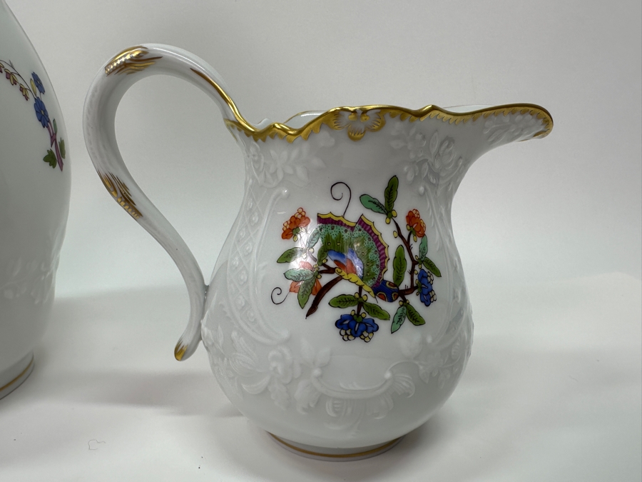 Meissen (Germany) Fine Porcelain Individually Hand Painted 'Colorful Chinese Butterfly Painting With Gold Rim' Schmetterling, Coffee Pot 10H, Sugar 4H & Creamer 4H Estimate $2,050 [Photo 10]