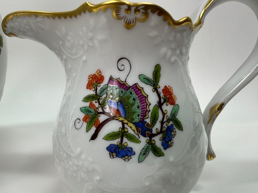 Meissen (Germany) Fine Porcelain Individually Hand Painted 'Colorful Chinese Butterfly Painting With Gold Rim' Schmetterling, Coffee Pot 10H, Sugar 4H & Creamer 4H Estimate $2,050 [Photo 8]