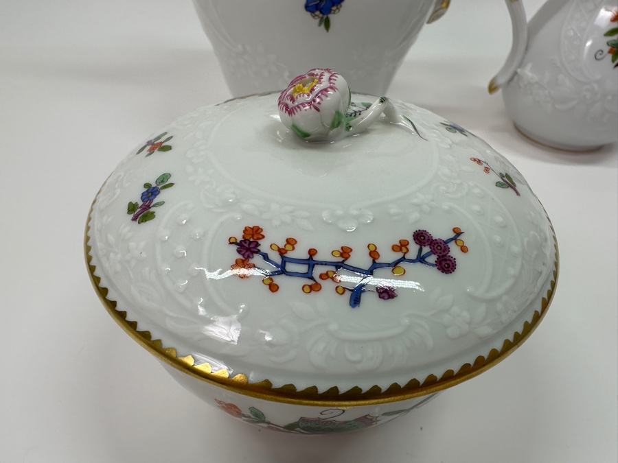 Meissen (Germany) Fine Porcelain Individually Hand Painted 'Colorful Chinese Butterfly Painting With Gold Rim' Schmetterling, Coffee Pot 10H, Sugar 4H & Creamer 4H Estimate $2,050 [Photo 17]