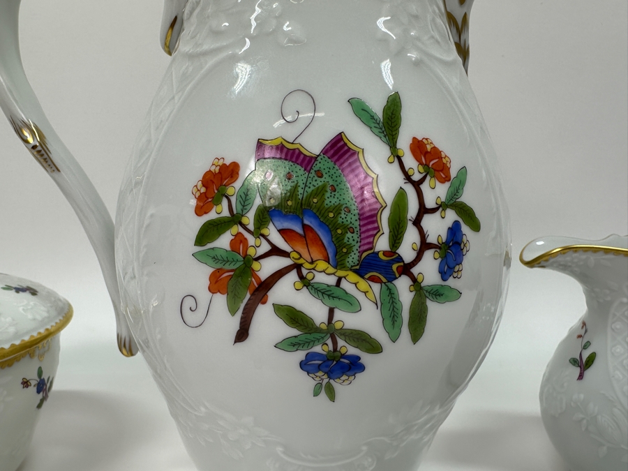 Meissen (Germany) Fine Porcelain Individually Hand Painted 'Colorful Chinese Butterfly Painting With Gold Rim' Schmetterling, Coffee Pot 10H, Sugar 4H & Creamer 4H Estimate $2,050 [Photo 4]