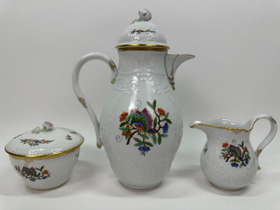 Meissen (Germany) Fine Porcelain Individually Hand Painted 'Colorful Chinese Butterfly Painting With Gold Rim' Schmetterling, Coffee Pot 10H, Sugar 4H & Creamer 4H Estimate $2,050 [Photo 3]