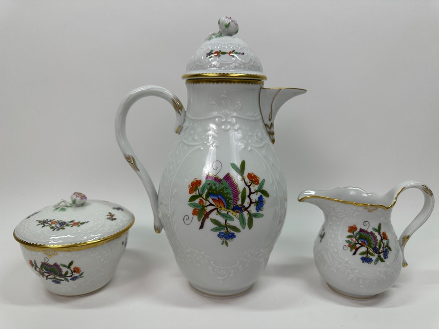 Meissen (Germany) Fine Porcelain Individually Hand Painted 'Colorful Chinese Butterfly Painting With Gold Rim' Schmetterling, Coffee Pot 10H, Sugar 4H & Creamer 4H Estimate $2,050 [Photo 2]