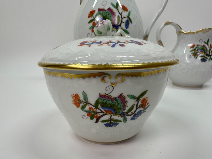 Meissen (Germany) Fine Porcelain Individually Hand Painted 'Colorful Chinese Butterfly Painting With Gold Rim' Schmetterling, Coffee Pot 10H, Sugar 4H & Creamer 4H Estimate $2,050 [Photo 16]