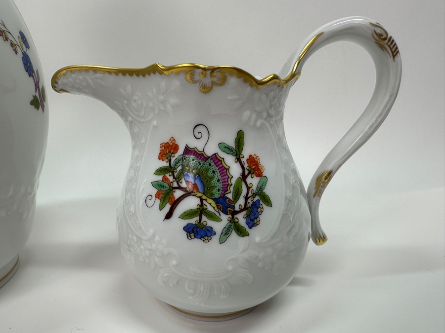 Meissen (Germany) Fine Porcelain Individually Hand Painted 'Colorful Chinese Butterfly Painting With Gold Rim' Schmetterling, Coffee Pot 10H, Sugar 4H & Creamer 4H Estimate $2,050 [Photo 7]