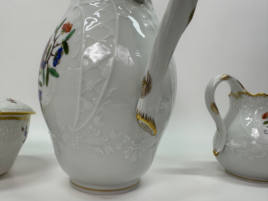 Meissen (Germany) Fine Porcelain Individually Hand Painted 'Colorful Chinese Butterfly Painting With Gold Rim' Schmetterling, Coffee Pot 10H, Sugar 4H & Creamer 4H Estimate $2,050 [Photo 11]
