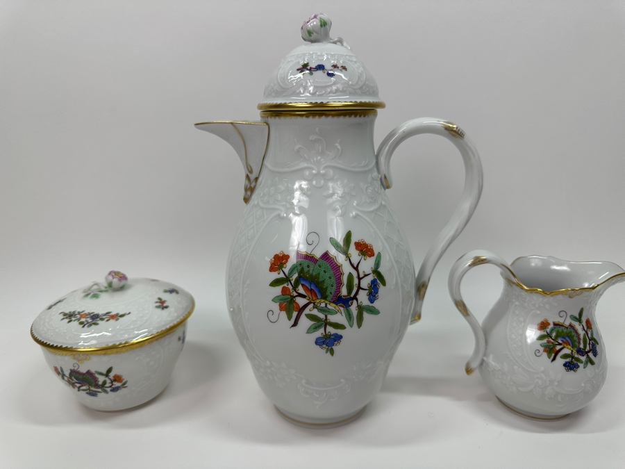 Meissen (Germany) Fine Porcelain Individually Hand Painted 'Colorful Chinese Butterfly Painting With Gold Rim' Schmetterling, Coffee Pot 10H, Sugar 4H & Creamer 4H Estimate $2,050 [Photo 12]