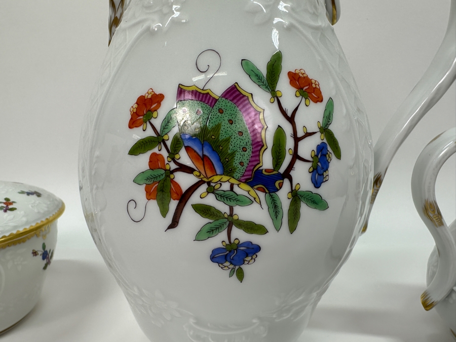 Meissen (Germany) Fine Porcelain Individually Hand Painted 'Colorful Chinese Butterfly Painting With Gold Rim' Schmetterling, Coffee Pot 10H, Sugar 4H & Creamer 4H Estimate $2,050 [Photo 13]
