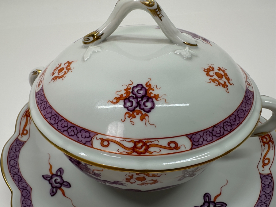 Meissen (Germany) Fine Porcelain Individually Hand Painted Purple Dragon Double-Handled Cup 6.5W With Lid And Underplate 7.5W Estimate $700 [Photo 21]