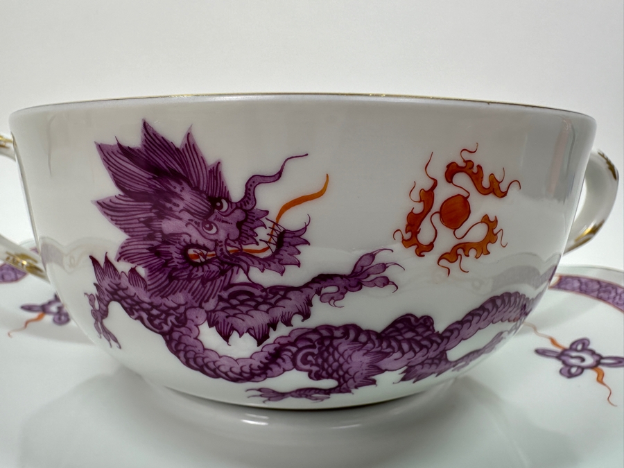 Meissen (Germany) Fine Porcelain Individually Hand Painted Purple Dragon Double-Handled Cup 6.5W With Lid And Underplate 7.5W Estimate $700 [Photo 11]