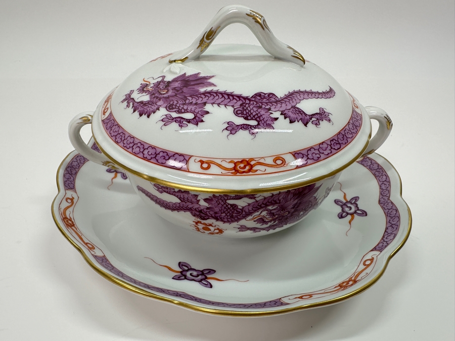 Meissen (Germany) Fine Porcelain Individually Hand Painted Purple Dragon Double-Handled Cup 6.5W With Lid And Underplate 7.5W Estimate $700 [Photo 2]