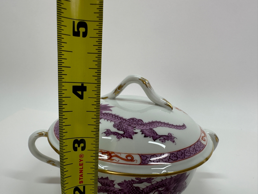 Meissen (Germany) Fine Porcelain Individually Hand Painted Purple Dragon Double-Handled Cup 6.5W With Lid And Underplate 7.5W Estimate $700 [Photo 23]