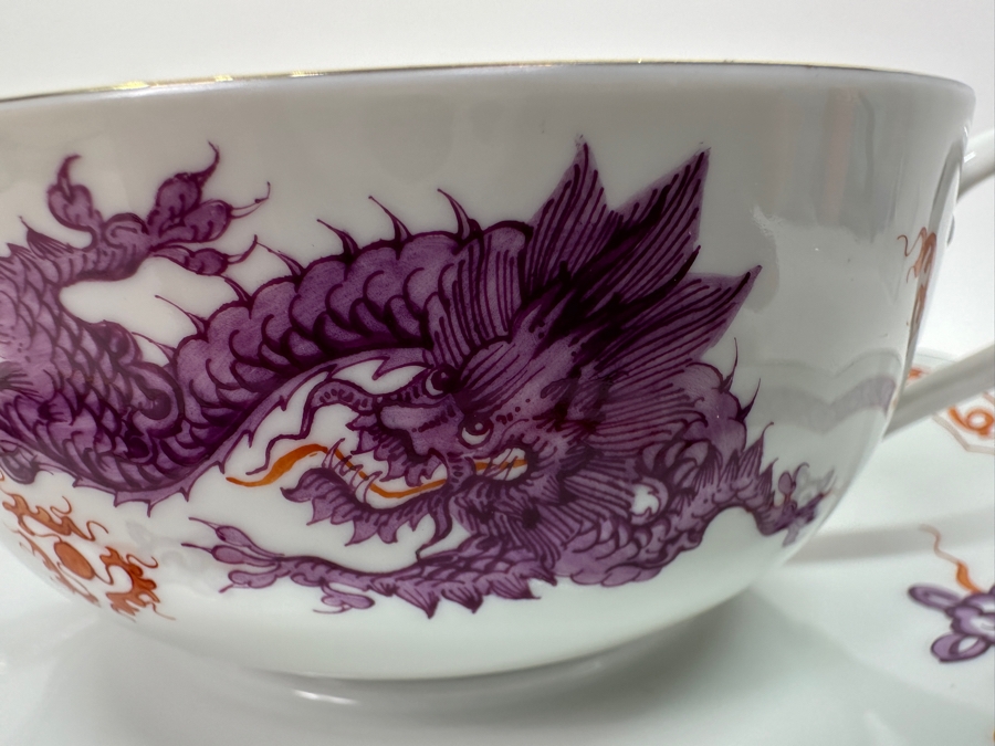 Meissen (Germany) Fine Porcelain Individually Hand Painted Purple Dragon Double-Handled Cup 6.5W With Lid And Underplate 7.5W Estimate $700 [Photo 7]