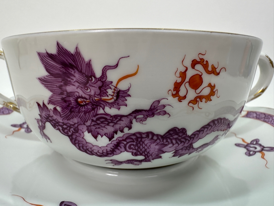 Meissen (Germany) Fine Porcelain Individually Hand Painted Purple Dragon Double-Handled Cup 6.5W With Lid And Underplate 7.5W Estimate $700 [Photo 10]