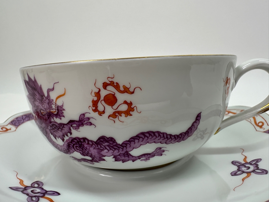 Meissen (Germany) Fine Porcelain Individually Hand Painted Purple Dragon Double-Handled Cup 6.5W With Lid And Underplate 7.5W Estimate $700 [Photo 12]