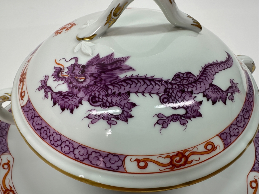 Meissen (Germany) Fine Porcelain Individually Hand Painted Purple Dragon Double-Handled Cup 6.5W With Lid And Underplate 7.5W Estimate $700 [Photo 4]
