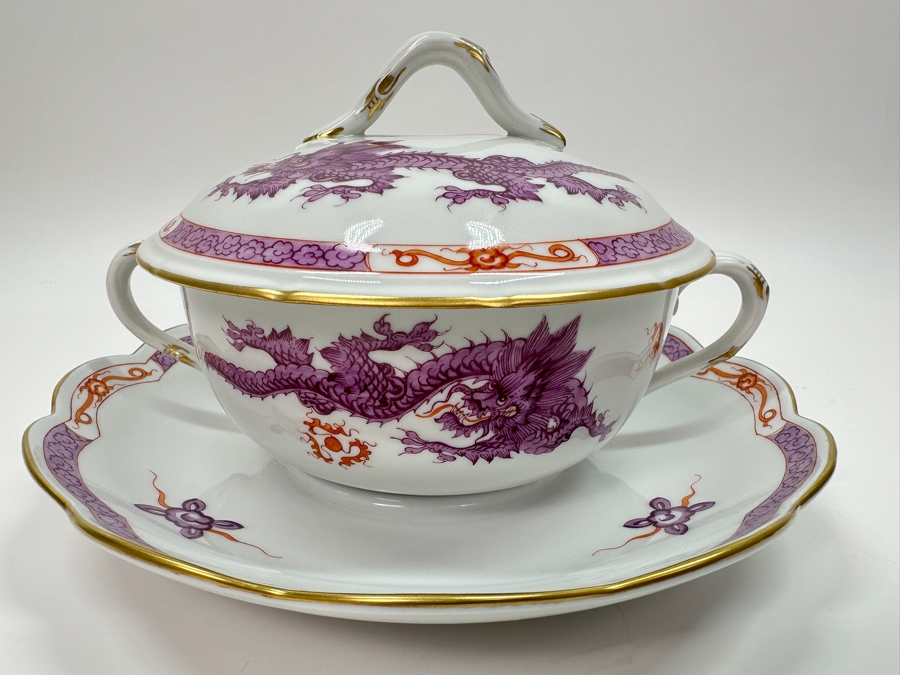 Meissen (Germany) Fine Porcelain Individually Hand Painted Purple Dragon Double-Handled Cup 6.5W With Lid And Underplate 7.5W Estimate $700 [Photo 19]