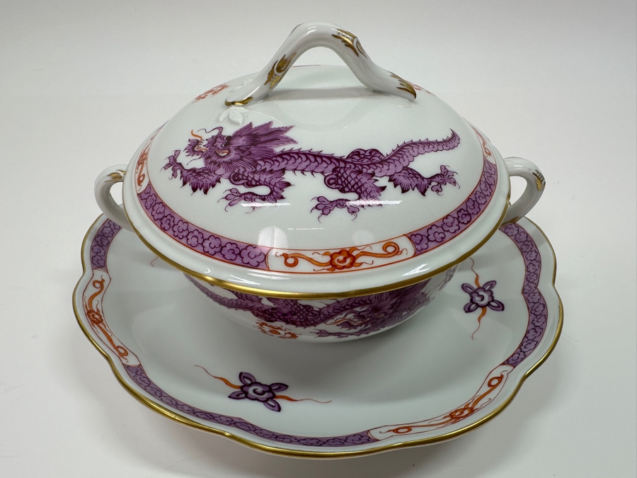 Meissen (Germany) Fine Porcelain Individually Hand Painted Purple Dragon Double-Handled Cup 6.5W With Lid And Underplate 7.5W Estimate $700 [Photo 3]