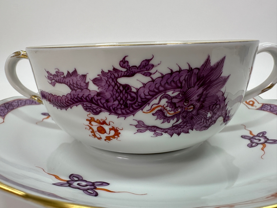 Meissen (Germany) Fine Porcelain Individually Hand Painted Purple Dragon Double-Handled Cup 6.5W With Lid And Underplate 7.5W Estimate $700 [Photo 6]