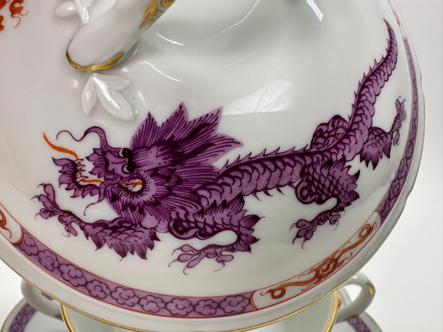 Meissen (Germany) Fine Porcelain Individually Hand Painted Purple Dragon Double-Handled Cup 6.5W With Lid And Underplate 7.5W Estimate $700 [Photo 5]