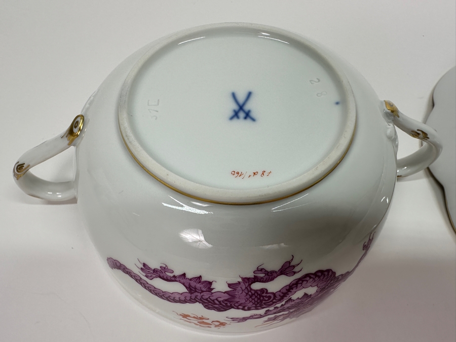 Meissen (Germany) Fine Porcelain Individually Hand Painted Purple Dragon Double-Handled Cup 6.5W With Lid And Underplate 7.5W Estimate $700 [Photo 14]