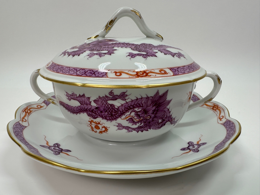 Meissen (Germany) Fine Porcelain Individually Hand Painted Purple Dragon Double-Handled Cup 6.5W With Lid And Underplate 7.5W Estimate $700 [Photo 20]