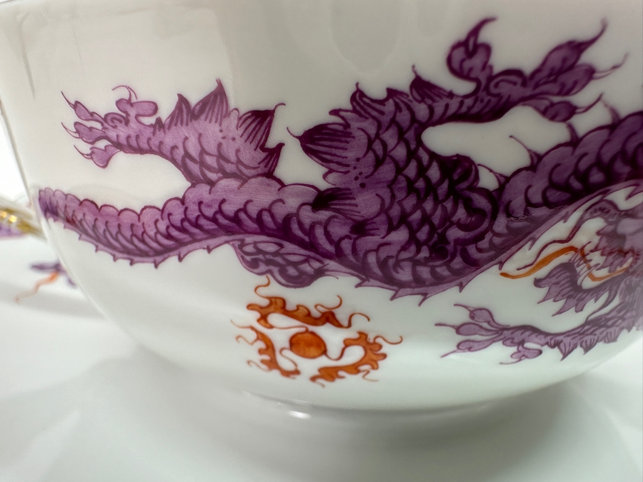 Meissen (Germany) Fine Porcelain Individually Hand Painted Purple Dragon Double-Handled Cup 6.5W With Lid And Underplate 7.5W Estimate $700 [Photo 8]