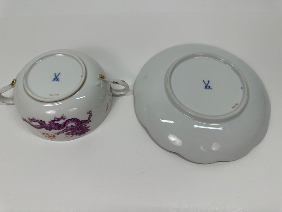 Meissen (Germany) Fine Porcelain Individually Hand Painted Purple Dragon Double-Handled Cup 6.5W With Lid And Underplate 7.5W Estimate $700 [Photo 13]