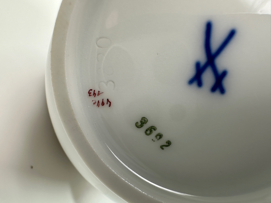 Meissen (Germany) Fine Porcelain Individually Hand Painted Bouquet, Center, Copper Green Gold Toothed Edge Coffee Pot 8H, Sugar 2.5H, Creamer 3H, 6 Demitasse Cups 2H & Saucers 4.5W And Plate 6.5W Dekor 100823 Estimate $3,250 [Photo 20]