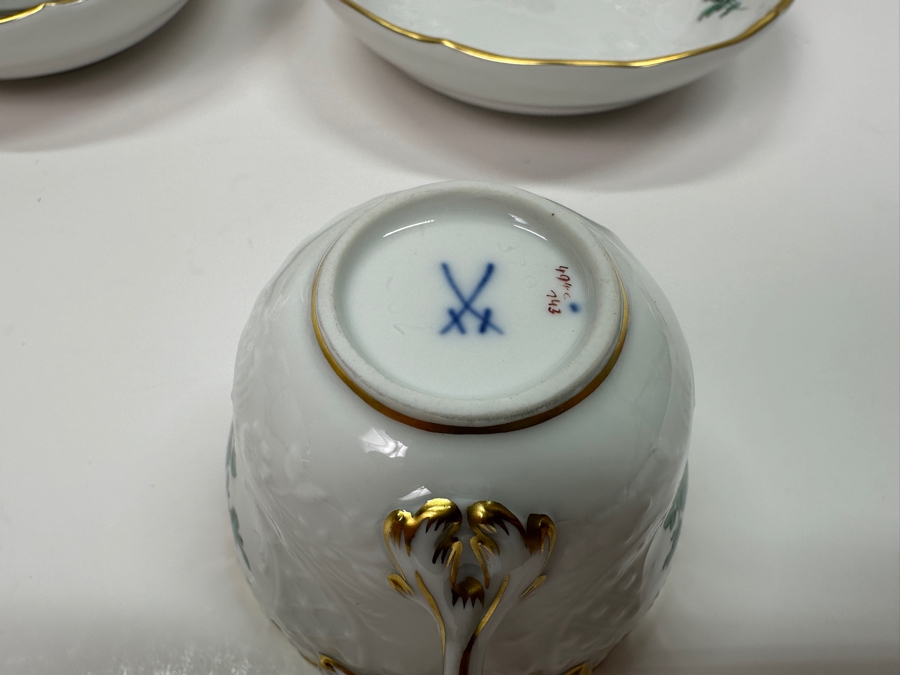 Meissen (Germany) Fine Porcelain Individually Hand Painted Bouquet, Center, Copper Green Gold Toothed Edge Coffee Pot 8H, Sugar 2.5H, Creamer 3H, 6 Demitasse Cups 2H & Saucers 4.5W And Plate 6.5W Dekor 100823 Estimate $3,250 [Photo 8]