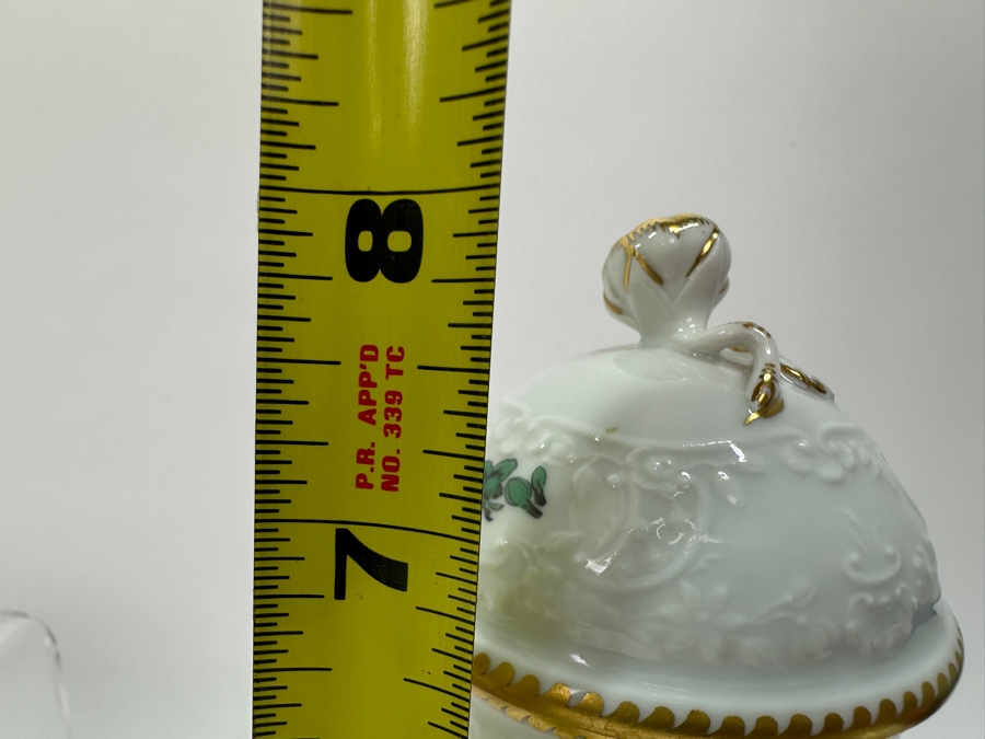 Meissen (Germany) Fine Porcelain Individually Hand Painted Bouquet, Center, Copper Green Gold Toothed Edge Coffee Pot 8H, Sugar 2.5H, Creamer 3H, 6 Demitasse Cups 2H & Saucers 4.5W And Plate 6.5W Dekor 100823 Estimate $3,250 [Photo 25]