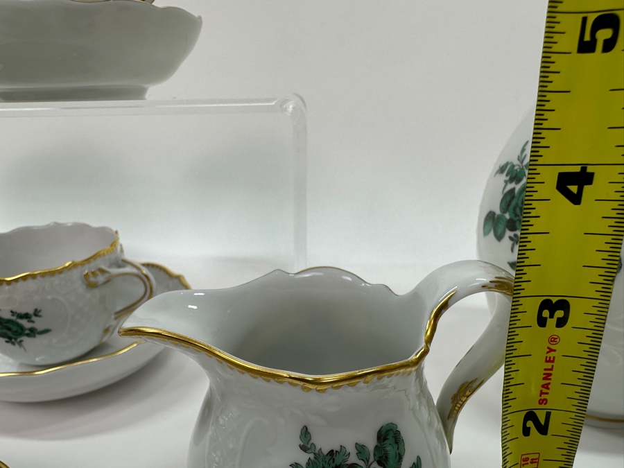 Meissen (Germany) Fine Porcelain Individually Hand Painted Bouquet, Center, Copper Green Gold Toothed Edge Coffee Pot 8H, Sugar 2.5H, Creamer 3H, 6 Demitasse Cups 2H & Saucers 4.5W And Plate 6.5W Dekor 100823 Estimate $3,250 [Photo 26]