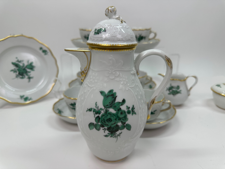 Meissen (Germany) Fine Porcelain Individually Hand Painted Bouquet, Center, Copper Green Gold Toothed Edge Coffee Pot 8H, Sugar 2.5H, Creamer 3H, 6 Demitasse Cups 2H & Saucers 4.5W And Plate 6.5W Dekor 100823 Estimate $3,250 [Photo 11]