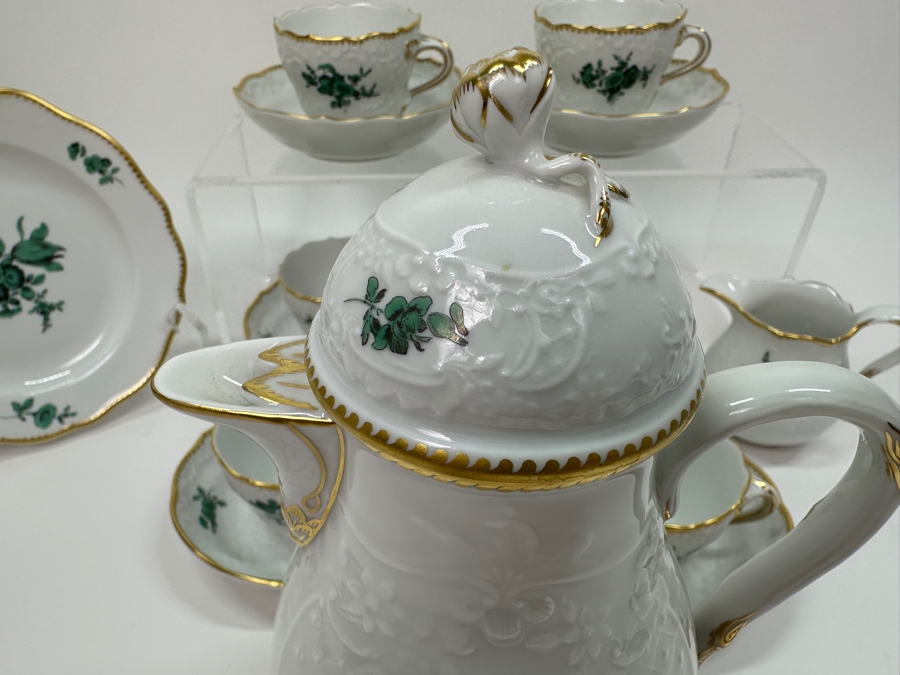 Meissen (Germany) Fine Porcelain Individually Hand Painted Bouquet, Center, Copper Green Gold Toothed Edge Coffee Pot 8H, Sugar 2.5H, Creamer 3H, 6 Demitasse Cups 2H & Saucers 4.5W And Plate 6.5W Dekor 100823 Estimate $3,250 [Photo 13]