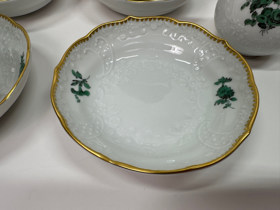 Meissen (Germany) Fine Porcelain Individually Hand Painted Bouquet, Center, Copper Green Gold Toothed Edge Coffee Pot 8H, Sugar 2.5H, Creamer 3H, 6 Demitasse Cups 2H & Saucers 4.5W And Plate 6.5W Dekor 100823 Estimate $3,250 [Photo 6]