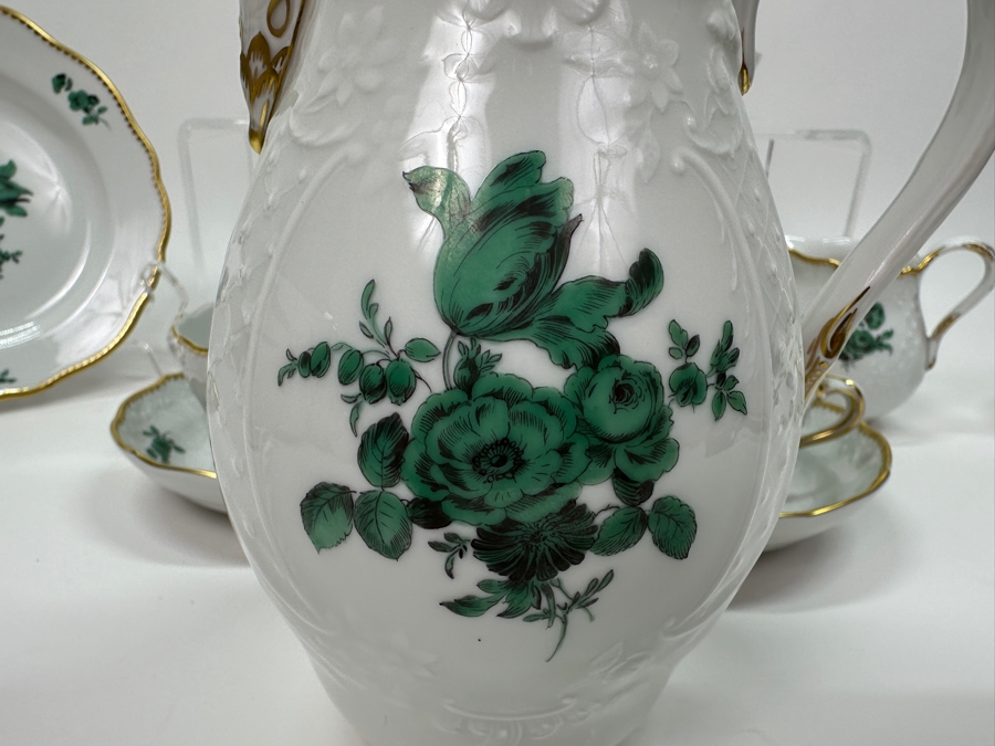 Meissen (Germany) Fine Porcelain Individually Hand Painted Bouquet, Center, Copper Green Gold Toothed Edge Coffee Pot 8H, Sugar 2.5H, Creamer 3H, 6 Demitasse Cups 2H & Saucers 4.5W And Plate 6.5W Dekor 100823 Estimate $3,250 [Photo 12]