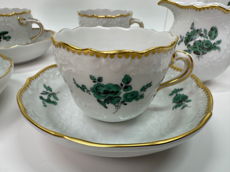 Meissen (Germany) Fine Porcelain Individually Hand Painted Bouquet, Center, Copper Green Gold Toothed Edge Coffee Pot 8H, Sugar 2.5H, Creamer 3H, 6 Demitasse Cups 2H & Saucers 4.5W And Plate 6.5W Dekor 100823 Estimate $3,250 [Photo 5]