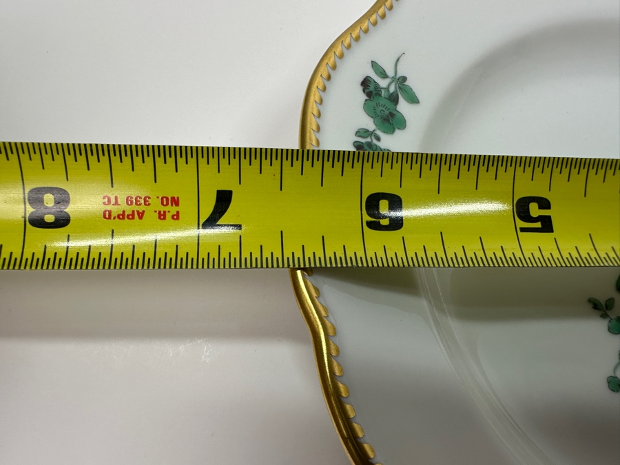 Meissen (Germany) Fine Porcelain Individually Hand Painted Bouquet, Center, Copper Green Gold Toothed Edge Coffee Pot 8H, Sugar 2.5H, Creamer 3H, 6 Demitasse Cups 2H & Saucers 4.5W And Plate 6.5W Dekor 100823 Estimate $3,250 [Photo 24]